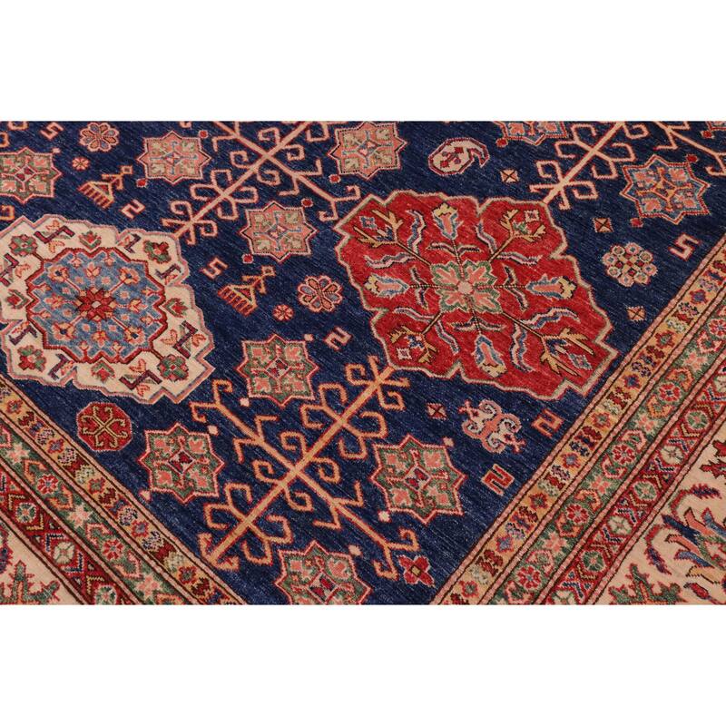 Southwestern Super Kazak Wren Blue/Beige Hand Knotted Wool Rug - 7'10'' x 10'1''