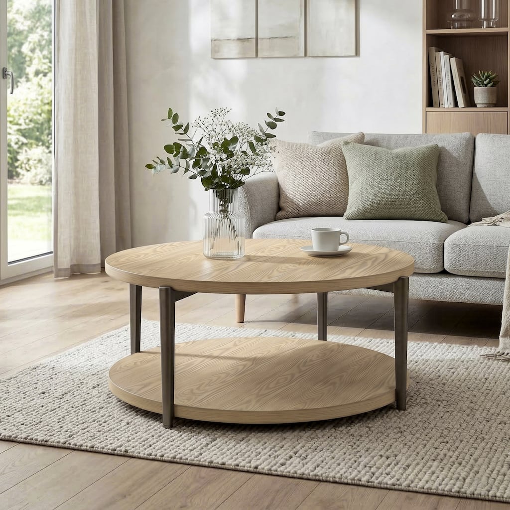 Furniture of America Tayen Modern Natural Round 1-Shelf Coffee Table with Casters