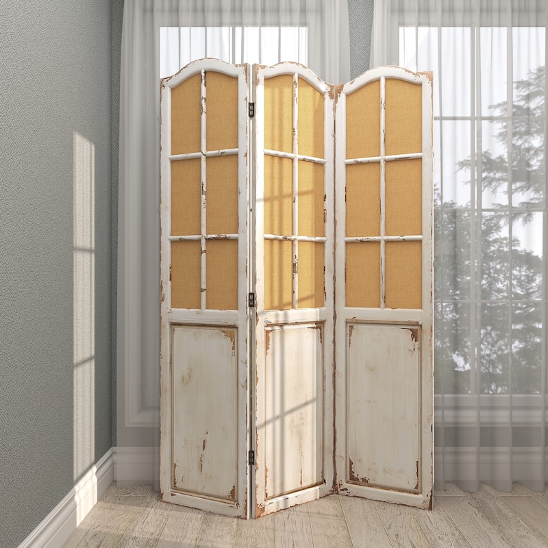 Beige Wood Hinged Foldable Partition 3 Panel Partition Room Divider Screen with Burlap Window Pane Design