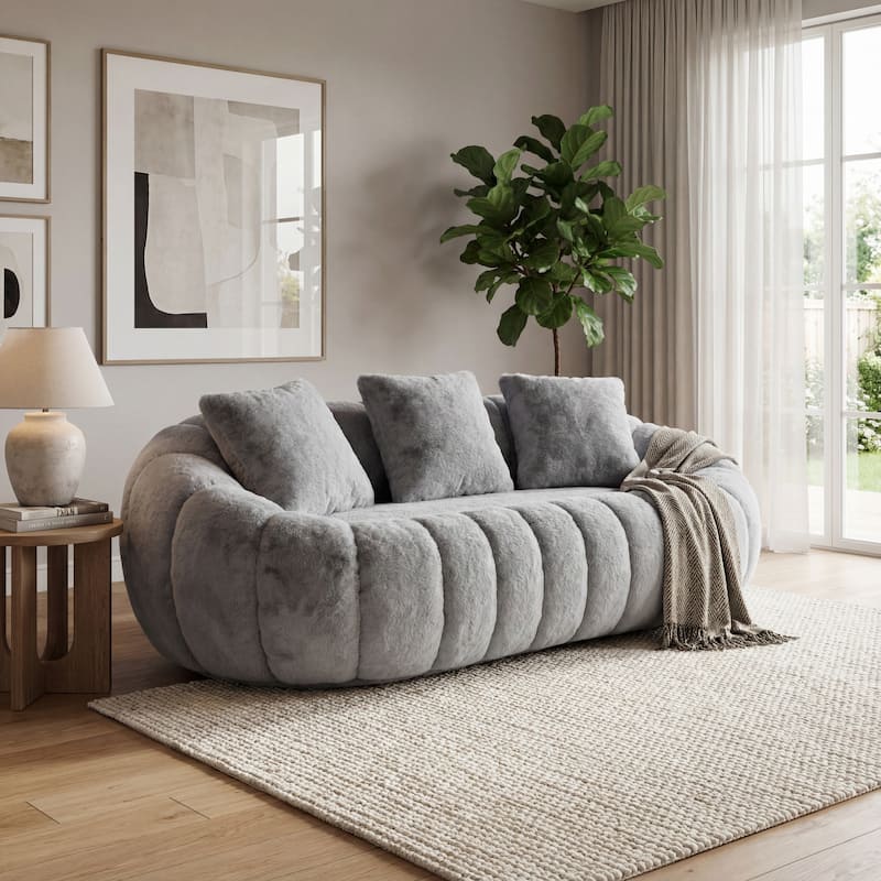 GDFStudio - Floral-Shaped 75.49" Faux Fur Loveseat Sofa with High-Density Foam