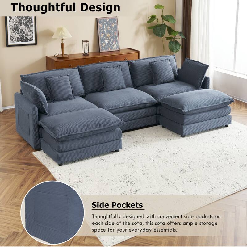 112.6" Corduroy Modular Sectional Sofa with Ottoman and Storage Pockets