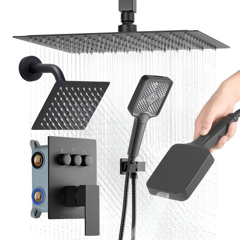 Matte Black 3-Function Rainfall Shower System with 4-in-1 Handheld Side and Overhead Shower