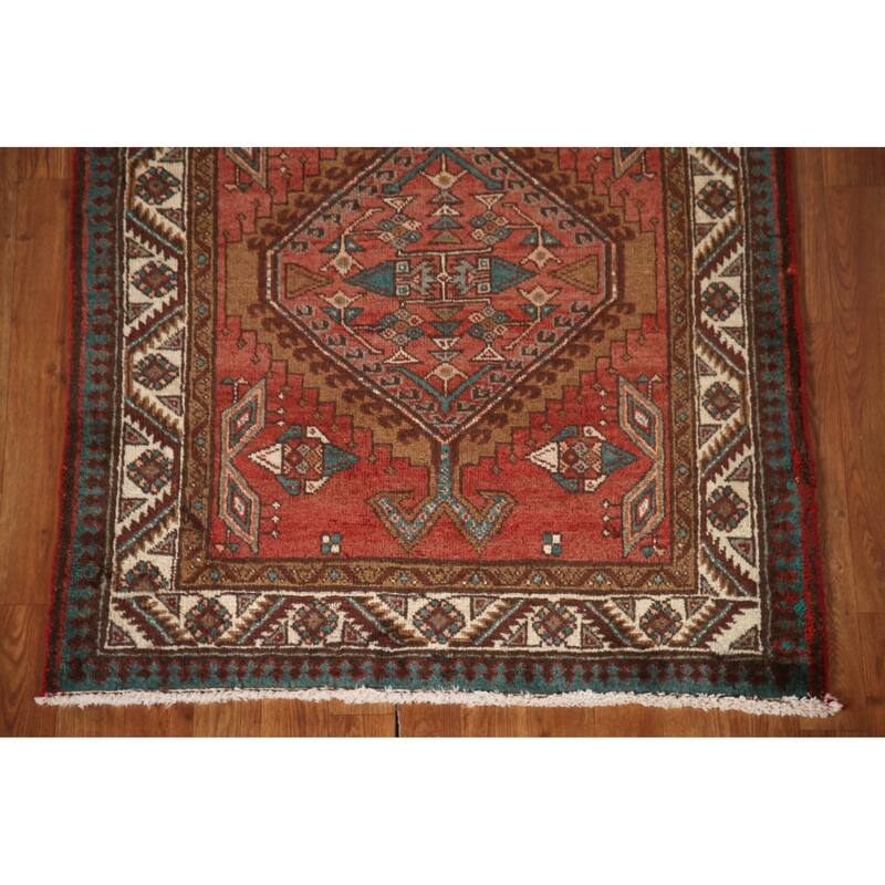 Red Ardebil Persian Vintage Runner Rug Handmade Hallway Wool Carpet - 3'3"x 9'3"