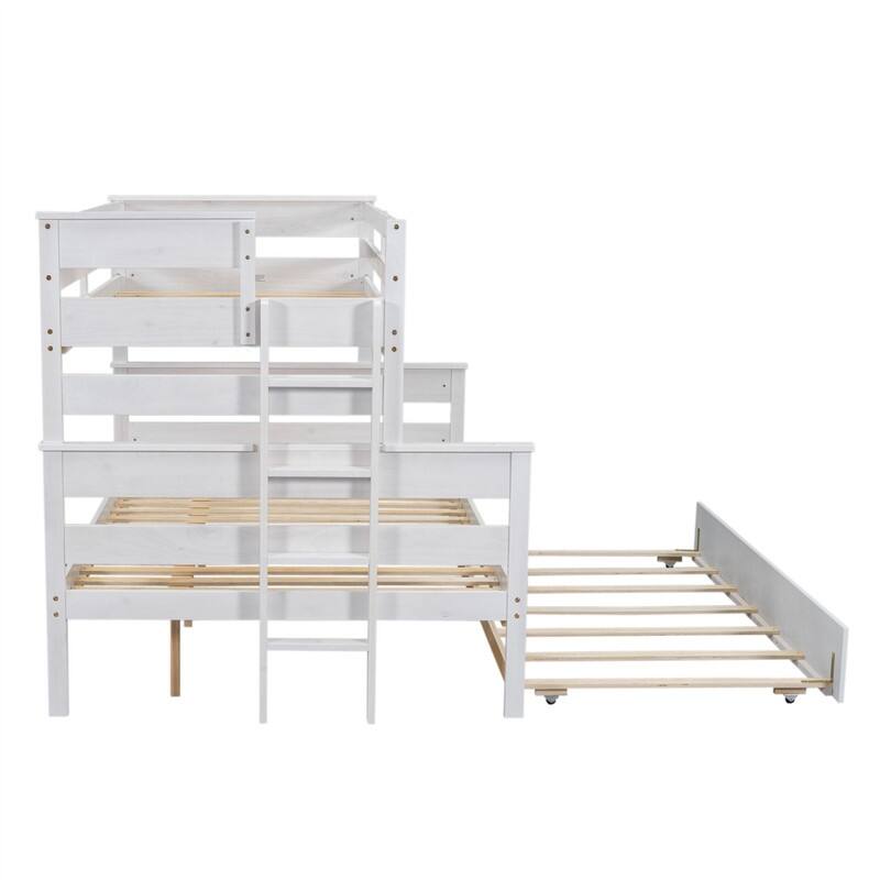 Twin over Full Size Bunk Bed with Twin Size Trundle, Solid Wood Bunk Bedframe with Ladder and Guardrails for Kids