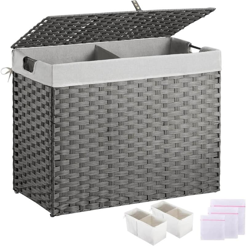 110L Wicker Laundry Baskets Foldable 2 Removable Liner Bags - 22.2"L x 13.3"W x 24"H