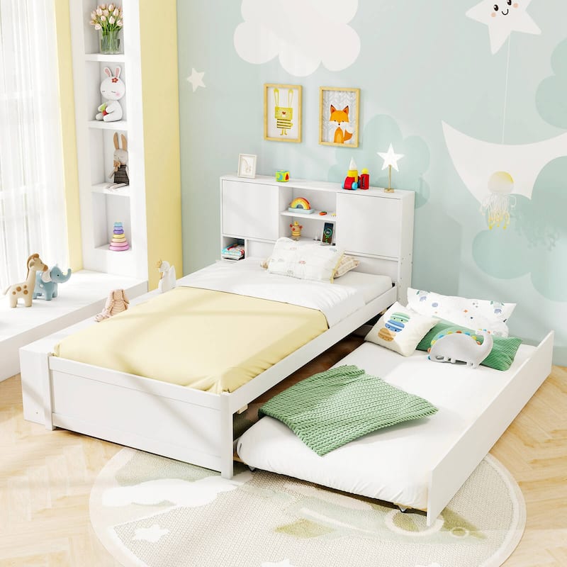 Costway Twin Size Bed Frame with Trundle & Power Outlet Bookcase