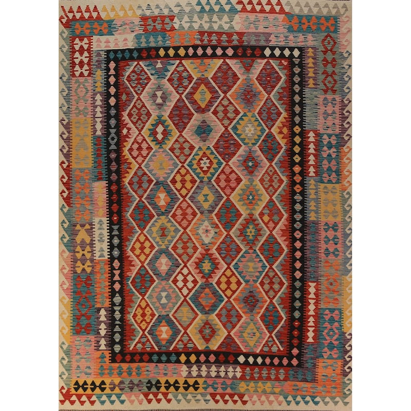 Kilim Oriental Area Rug Flatweave Multi-Color Wool Carpet - 8'1"x 11'2"