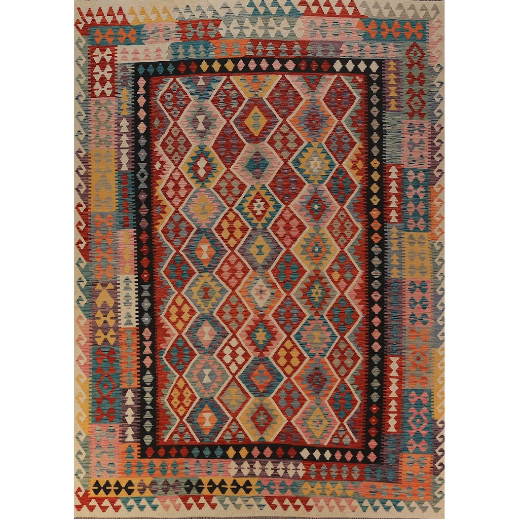 Kilim Oriental Area Rug Flatweave Multi-Color Wool Carpet - 8'1"x 11'2"