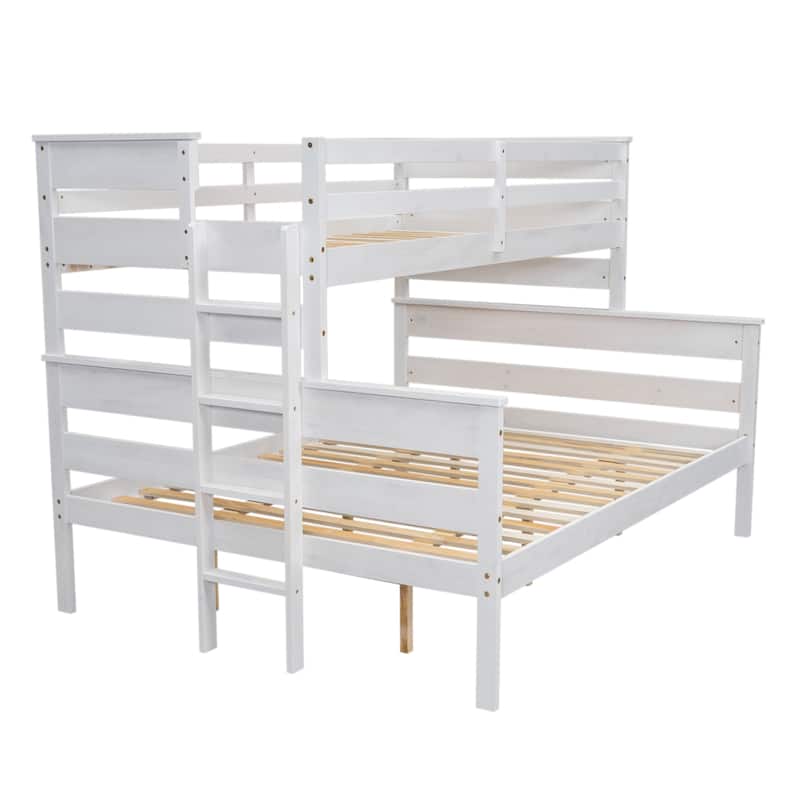 Twin XL Over Queen Bunk Bed with Ladder & Slat Support, Solid Wood Bunk Bed Frame with Safety Guardrail, Separated into 2 Beds