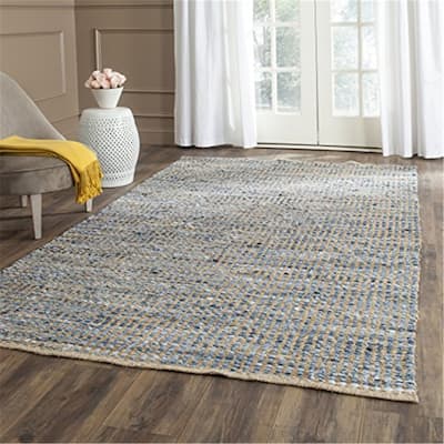 Coastal Braided Jute Area Rug - 6x6 ft Natural Blue Flatweave Floor Rug - 72 x 72