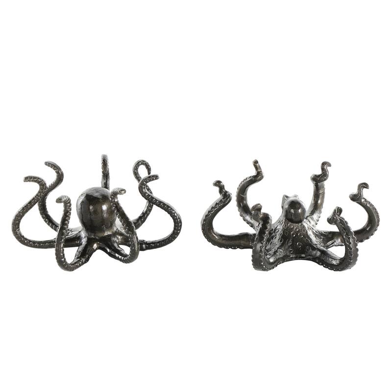 Black Aluminum Metal Octopus Decorative Sculpture with Splayed Arms (Set of 2)