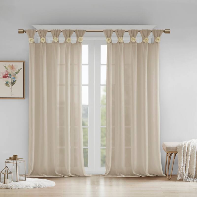 Madison Park Florah Floral Embellished Cuff Tab Top Solid Single Curtain Panel - 50"W x 63"L - Linen