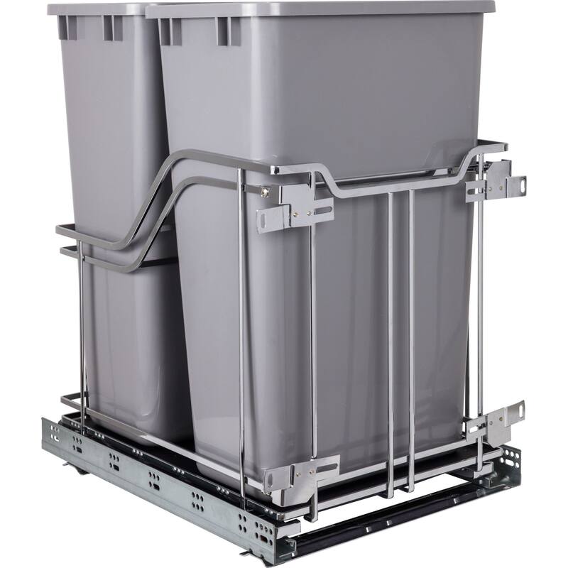 Hardware Resources 15" Bottom Mount Double Bin Pull Out Trash Can with - Polished Chrome / Grey