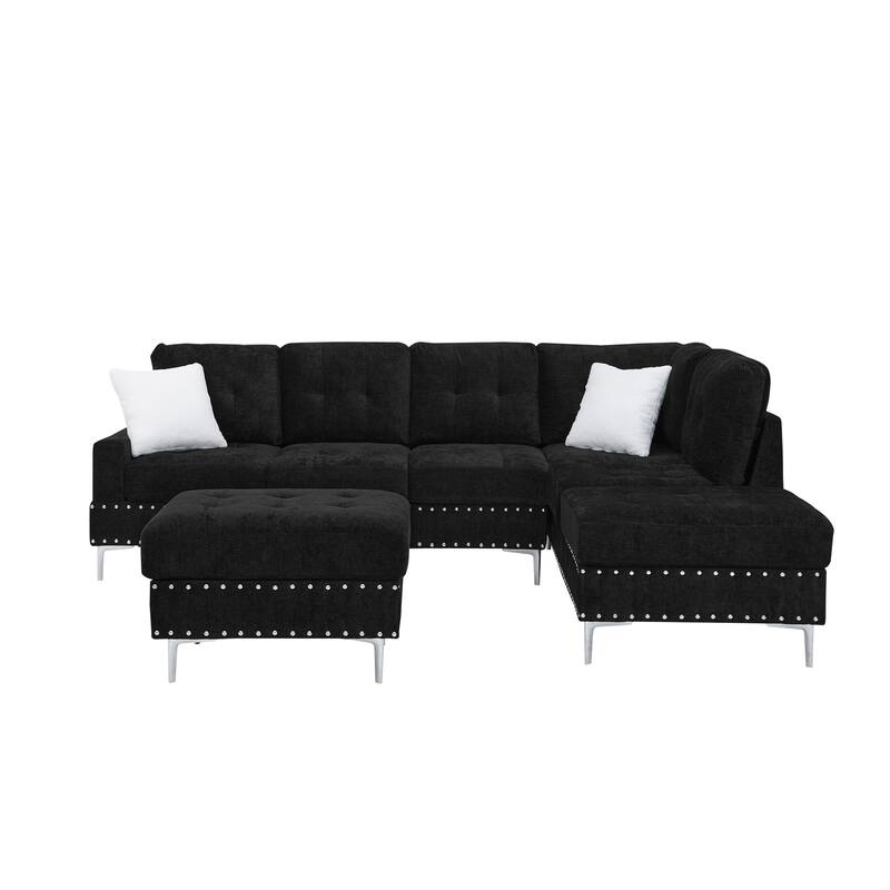 Chenille L-Shaped Sectional Sofa with Chaise & Storage Ottoman, Corner Sofa with 2 Pillows, Metal Legs & Copper Nails
