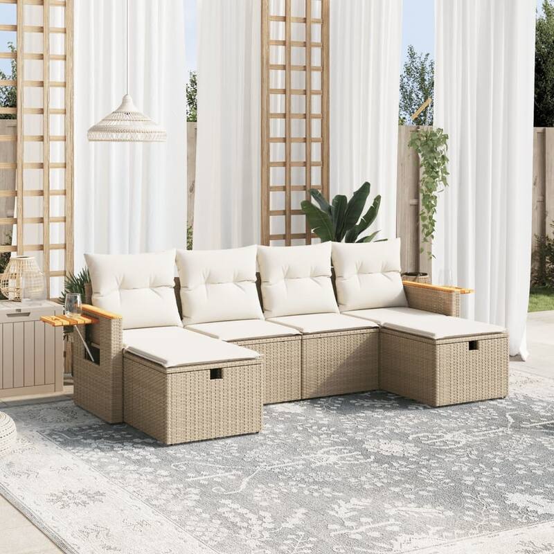 vidaXL Patio Sofa Set with Cushions Outdoor Furniture 6 Piece Poly Rattan - Beige - 92.1 x 21.7 x 27.2 in