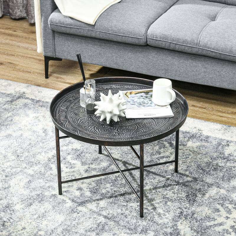HOMCOM 24" Round Coffee Table with Hammered Tray Top, Vintage Metal Center Table for Living Room, Bedroom, Side Table