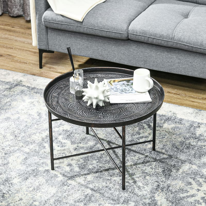 Modern Brushed Metal Coffee Table with Hammered Floral Tray and Adjustable Feet Crossbar Frame - Dia. 24”. x 15.7" H