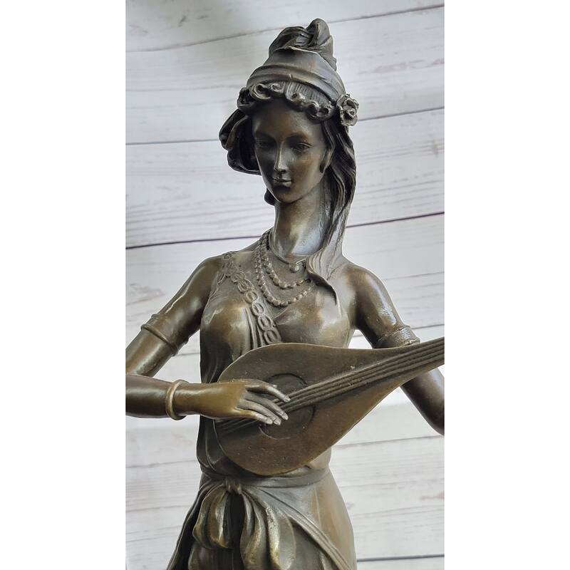 Hand Made Original Artwork By Jean Patoue Female Playing Banjo Bronze Sculpture