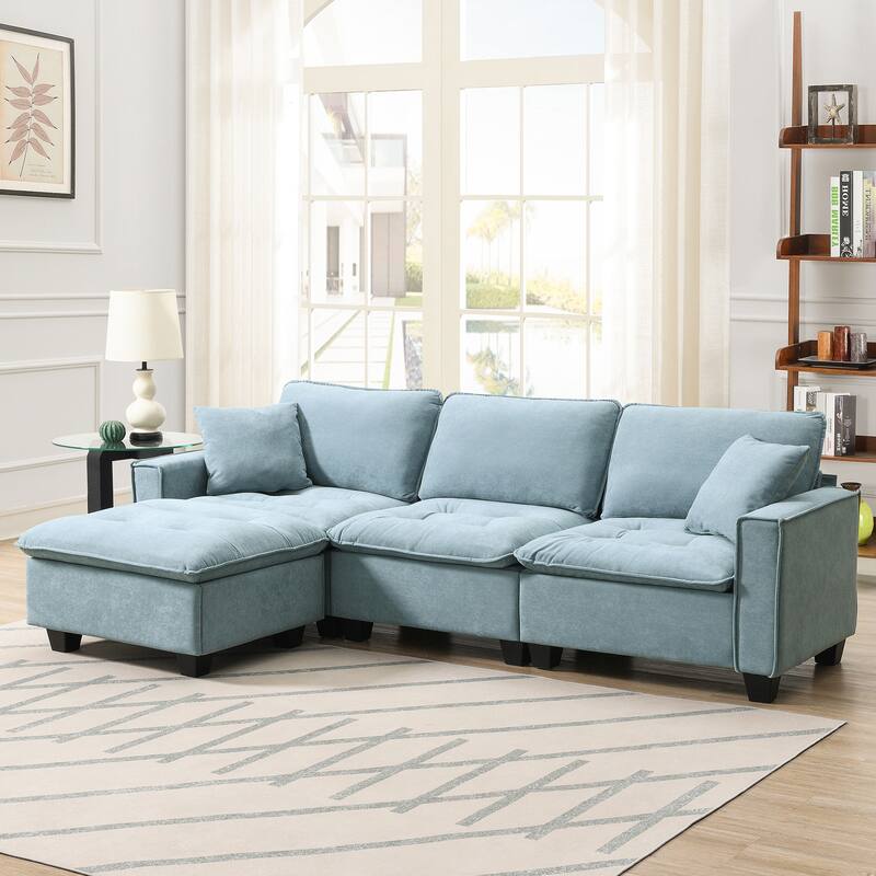 100" Modern Convertible Sectional Sofa - Velvet L Shape Couch with Pillows and Ottoman - Blue