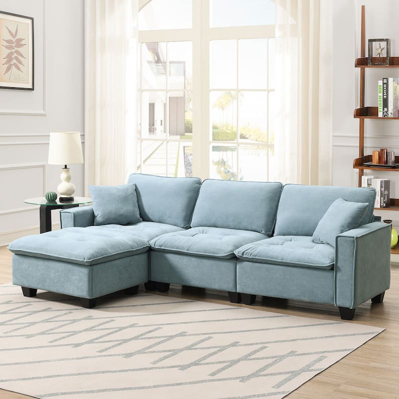 Modern Tufted Sectional Sofa with Luxurious Suede Fabric & Reinforced Legs - 4 Seat Sofa with Ottoman