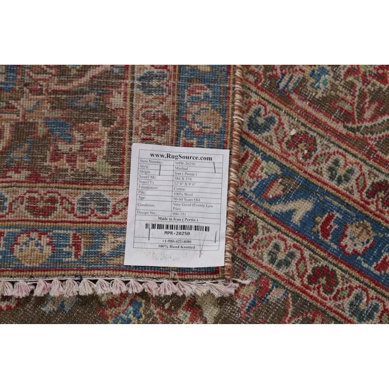 Traditional Floral Mashad Persian Vintage Rug Handmade Wool Carpet - 9'0"x 12'8"
