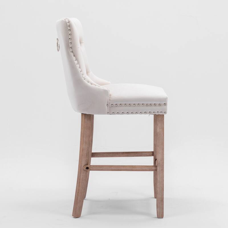 2 Velvet Upholstered Barstools with Button Tufted and Wooden Legs, and Chrome Nailhead Trim - N/A - Beige