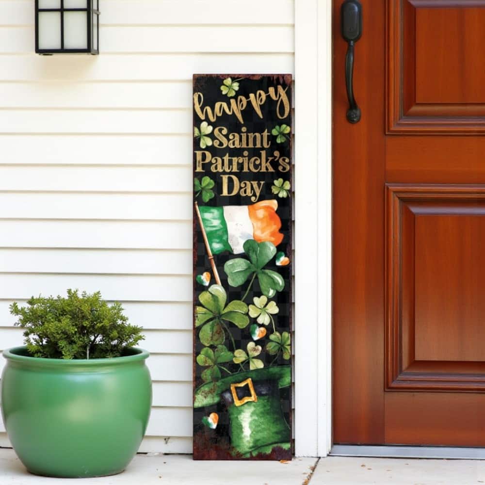 HomeRoots 36" Black Gold And Green Solid Wood Happy St Patrick's Day Shamrock Porch Sign