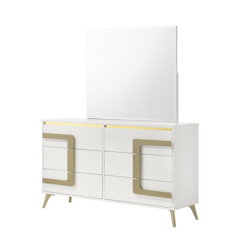 Claire White and Gold Wood 6 Drawer Dresser with Mirror Set