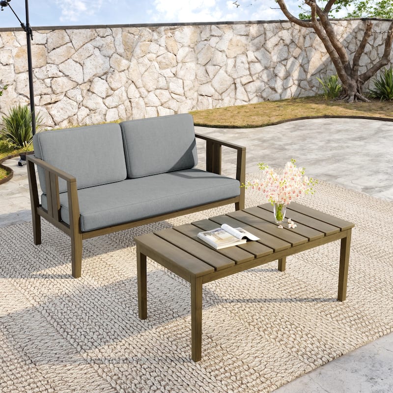 Teak Wood Water Resistant Outdoor Loveseat and Coffee Table Set (Set of 2)