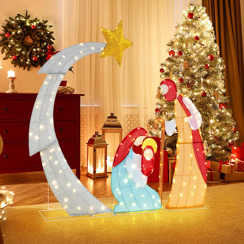 Costway 5 FT Lighted Christmas Nativity Scene Outdoor Christmas Holy - as pic shows - See Details