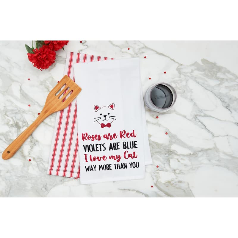 Valentine's Day "I Love My Cat" Whiskers Embroidered Flour Sack Kitchen Dishtowel