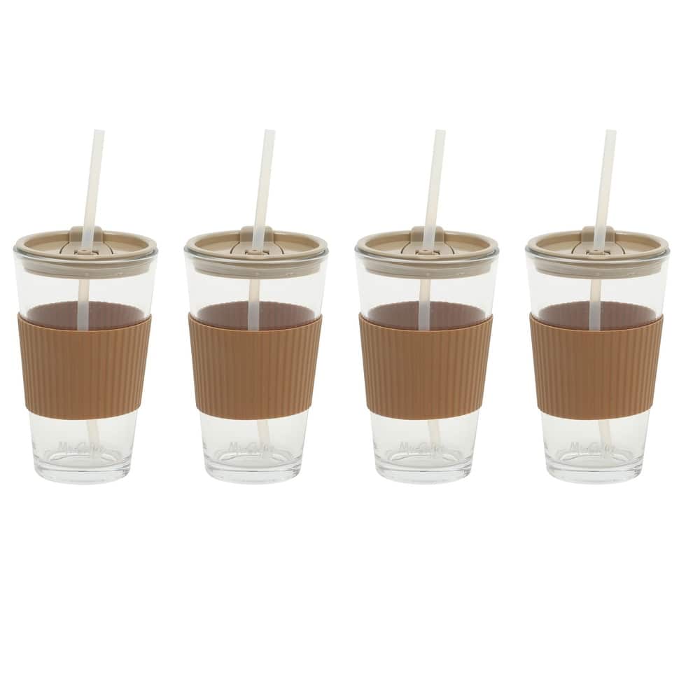 Mr. Coffee Sip Savvy 4-Pack 15oz Glass Tumblers with Lids and Straws - Reusable Iced Coffee Cups