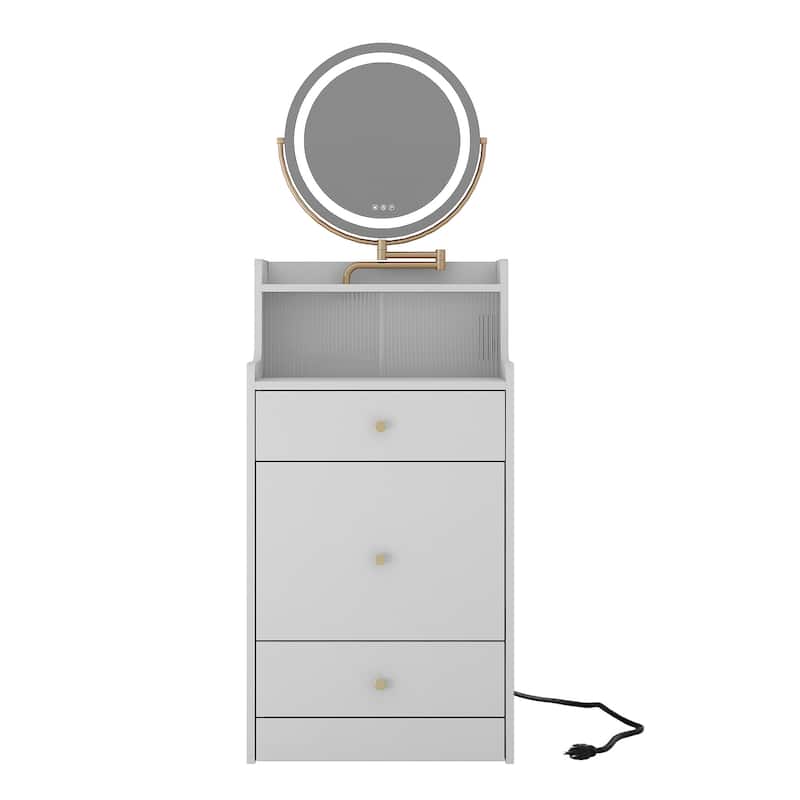 3 in 1 Small Vanity, Makeup Table with Mirror and Light, Vanity Table Set with 2 Drawers and Upholstered Stool
