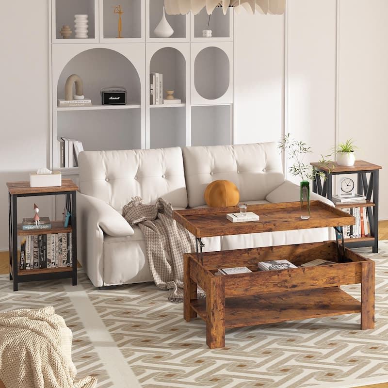 VECELO 3-piece Lift Top Coffee Table Set,Coffee Table with Hidden Storage and Shelves and Nightstands Set of 2