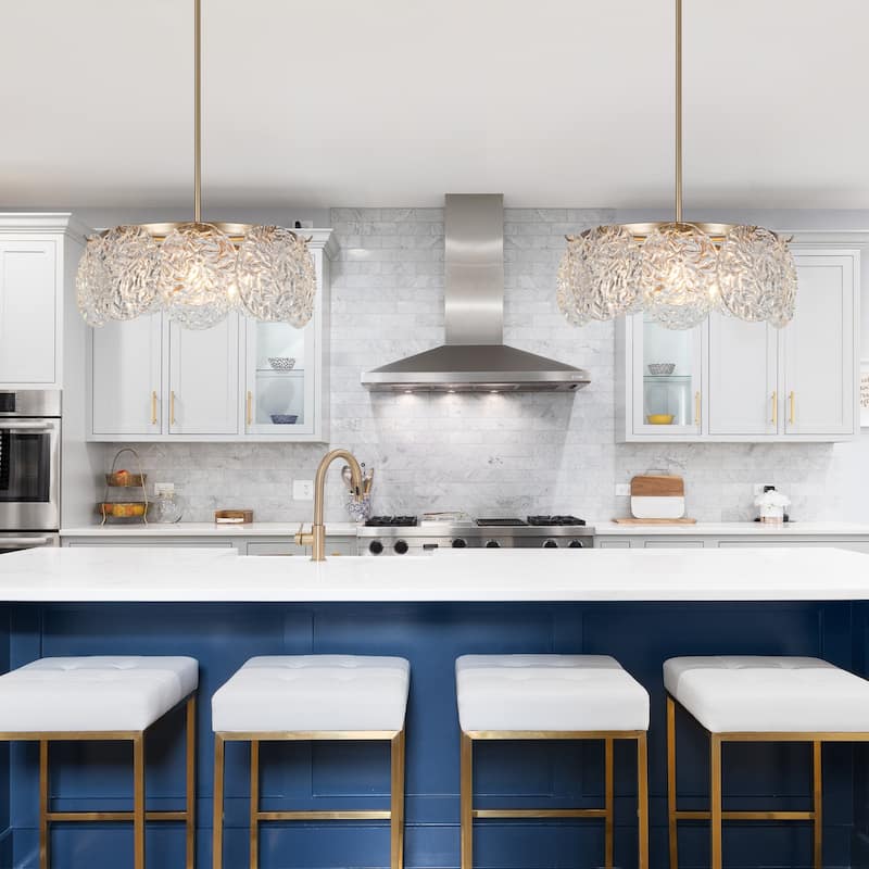 Modern Gold 5-Light Drum Chandelier Art Glass Pendant Lights for Dining Room - 18" D x 8" H