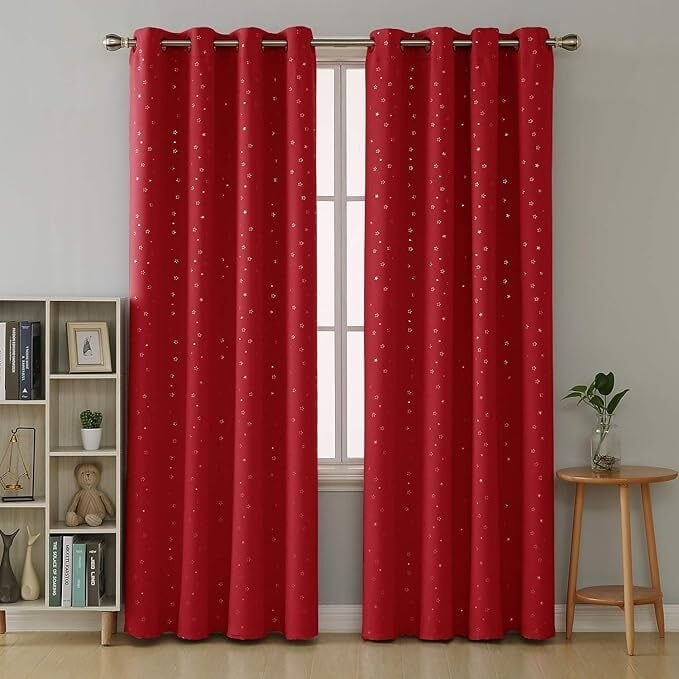Silver Star Room Darkening Grommet Curtains 2 Panels - 52 x 72 Inch - Red