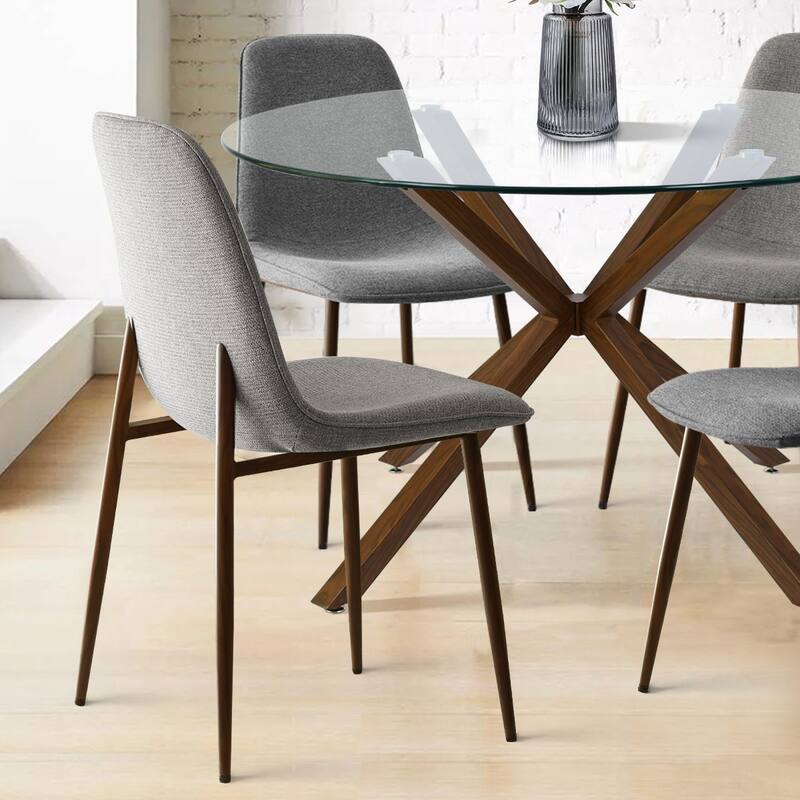 Modern Round Glass Table Set for 4 with Upholstered Dining Chairs