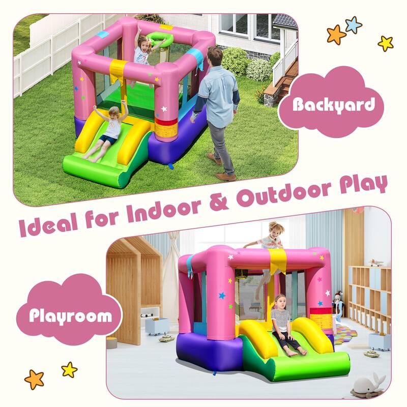 Gymax Inflatable Bounce House Bouncy Castle w/Slide & Basketball Rim - Multicolors