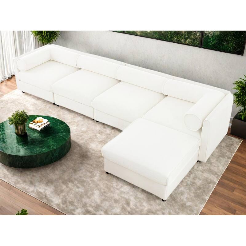 142.5" Chenille Upholstered L-Shaped Modular Sectional Sofa with Storage Seat, DIY Combination - White