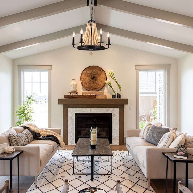 6-Light Farmhouse Chandelier, Round Wagon Wheel Chandelier for Dining Room Kitchen Bedroom Foyer