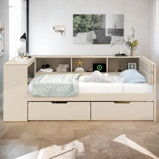 Cream Twin Size Multiple Storage Platform Daybed with 2 Drawers and Upholstered Headboard