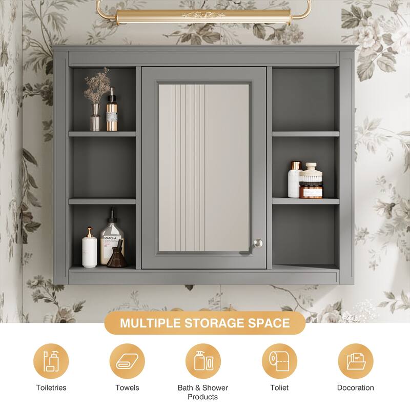GDFStudio - Riggs Modern Wall-Mounted Bathroom Storage Cabinet with Mirror and Open Shelves (Not Include Bathroom Vanity)