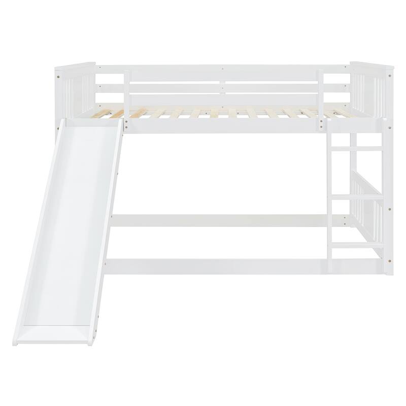 Floor Bunk Bed Full Over Full Wooden Bed Frame with Ladder and Slide