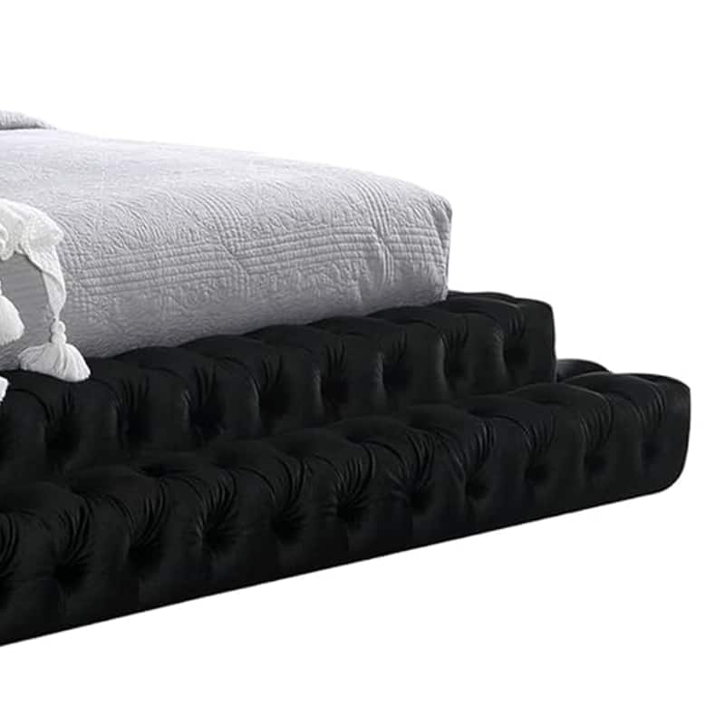 Steph Queen Bed, Black Button Tufted Flannelette Upholstery, XL Headboard