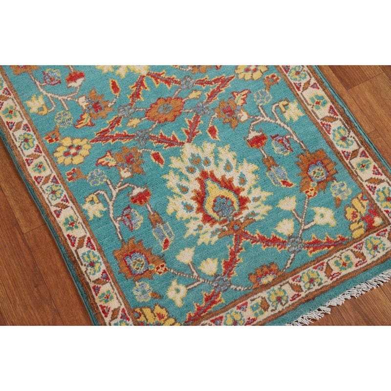 Turquoise Blue Kazak Oriental Foyer Rug Hand-Knotted Wool Carpet - 2'0" x 3'0"