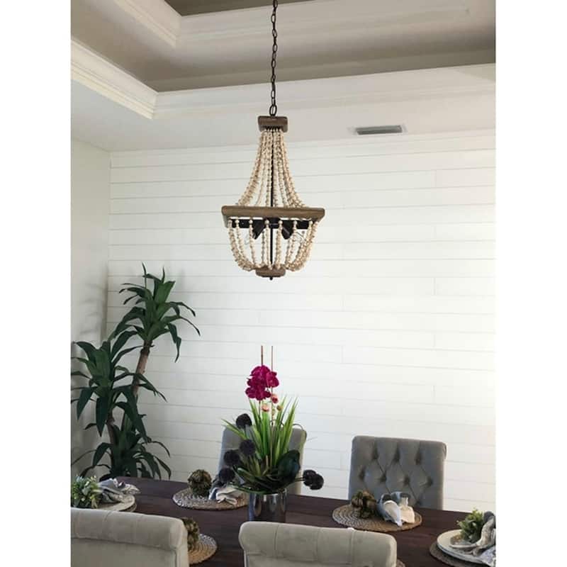 Farmhouse Aged Wooden Beaded 4-Light Chandelier