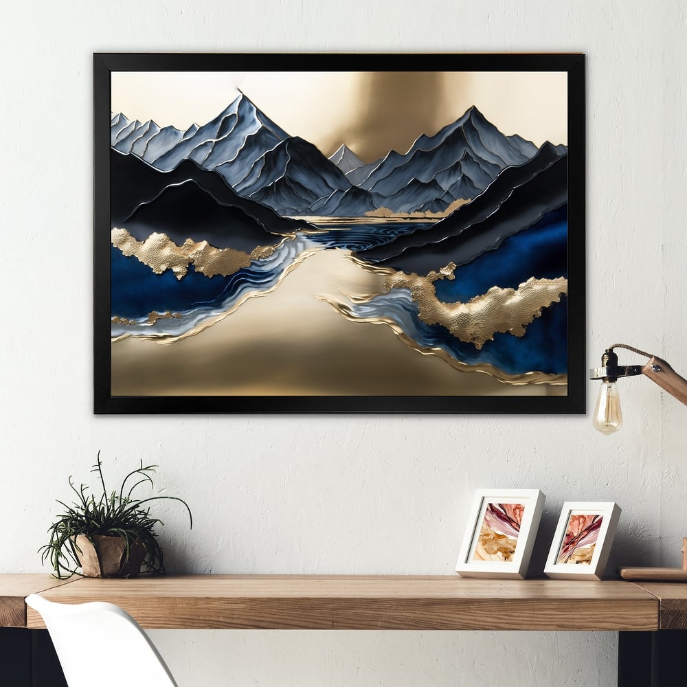 Designart "Golden Mountains And River" Landscape Mountains River Framed Wall Art Prints