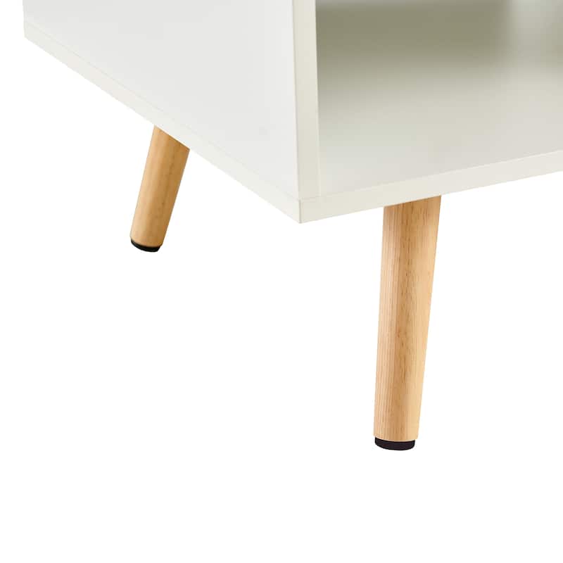 Rectangle Coffee Table with Solid Wood Legs, Sliding Drawer for Storage, Modern Table
