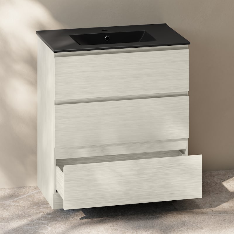 Liberte 30" Freestanding Bathroom Vanity In White Oak With Black Sink Top - 30