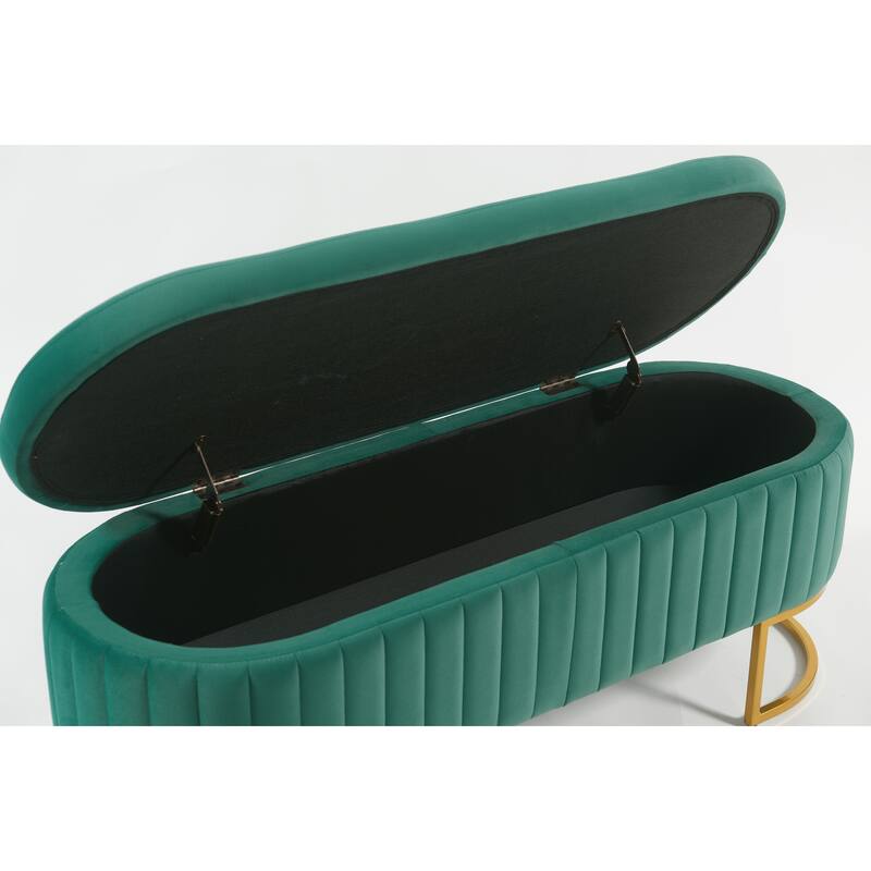 Oval Velvet Storage Bench with Metal Legs - Upholstered Bedroom Bench, Modern Storage Ottoman Bench for Living Room or Bedroom